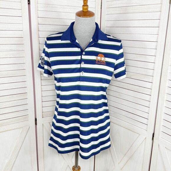 Polo Golf Ralph Lauren Striped Embroidered PGA Nylon Polo Shirt Blue Medium - Picture 1 of 13